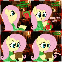 Size: 3500x3500 | Tagged: safe, artist:legendoflink, derpibooru import, fluttershy, pony, 4 panel comic, christmas, clothes, comic, dialogue, female, heart, heart eyes, hearth's warming, holiday, image, implied anon, mare, picture frame, png, present, smiling, solo, solo female, sweater, wingding eyes