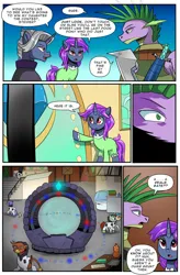 Size: 724x1103 | Tagged: safe, artist:candyclumsy, derpibooru import, spike, oc, oc:dia pentacle, gryphon, pony, unicorn, comic:revolution of harmony, clothes, female, griffon oc, horn, image, jpeg, lab coat, male, mare, older, older spike, runes, shocked, stallion, stargate, unicorn oc