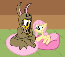 Size: 580x507 | Tagged: safe, artist:haileykitty69, derpibooru import, fluttershy, human, kangaroo, pegasus, pony, ageplay, beanbag chair, clothes, costume, crack shipping, crossed legs, crossover, crossover shipping, cushion, duo, female, fluttermour, image, kigurumi, looking at each other, looking at someone, male, mare, onesie, pacifier, plushie, png, seymour skinner, shipping, sitting, smiling, the simpsons