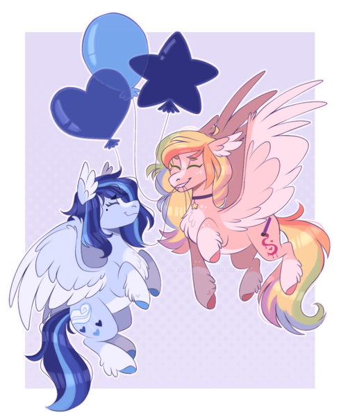 Size: 1063x1307 | Tagged: safe, artist:wanderingpegasus, derpibooru import, oc, unofficial characters only, pegasus, pony, balloon, chest fluff, duo, ear fluff, eyes closed, image, mouth hold, pegasus oc, png, smiling, spread wings, wings