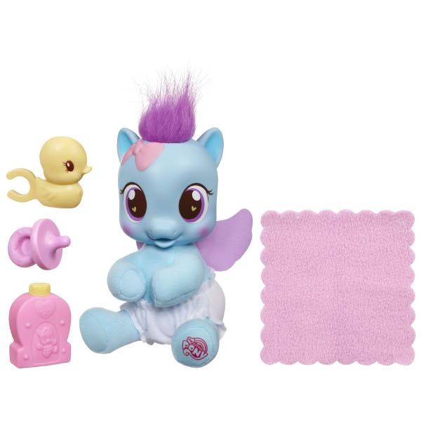 Size: 600x600 | Tagged: safe, derpibooru import, bird, duck, pegasus, baby, blanket, blue coat, bow, cotton belle, cute, diaper, g4, hair bow, image, jpeg, logo, my little pony logo, not rainbow dash, pacifier, purple eyes, purple mane, so soft, so soft pony, toy