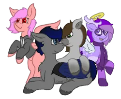 Size: 838x688 | Tagged: safe, artist:lil_vampirecj, derpibooru import, oc, oc:cj vampire, oc:stew, oc:tracy, oc:zephyr star, unofficial characters only, bat pony, deer, earth pony, pegasus, pony, derpibooru, derpibooru community collaboration, 2023 community collab, antlers, clothes, colored, commission, deer oc, fanart, flat colors, folded wings, halo, hoodie, image, looking at each other, looking at someone, meta, non-pony oc, png, raised hoof, simple background, socks, spread wings, stockings, thigh highs, transparent background, tribute, wings