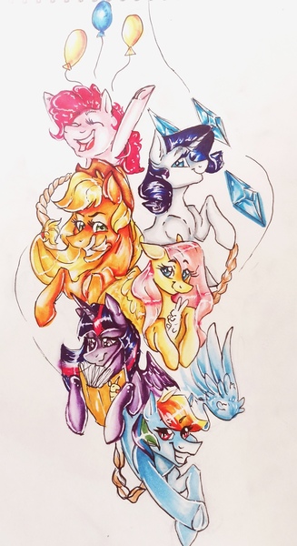 Size: 2086x3832 | Tagged: safe, artist:dankpegasista, derpibooru import, applejack, fluttershy, pinkie pie, rainbow dash, rarity, twilight sparkle, twilight sparkle (alicorn), alicorn, earth pony, pegasus, pony, rabbit, unicorn, animal, balloon, book, colorful, floating wings, flying, gem, gemstones, half body, highlights, image, jpeg, lasso, mane six, markers, photo, rope, shading, traditional art, wings