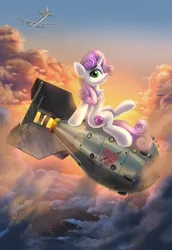 Size: 3445x5000 | Tagged: safe, artist:atlas-66, derpibooru import, sweetie belle, pony, unicorn, atomic bomb, boeing, bomb, bomber, dr. strangelove, image, nuclear weapon, pinup, plane, png, rds-1, riding a bomb, slim, solo, soviet union, thin, this will end in explosions, tu-4 bull, tu-95 bear, weapon