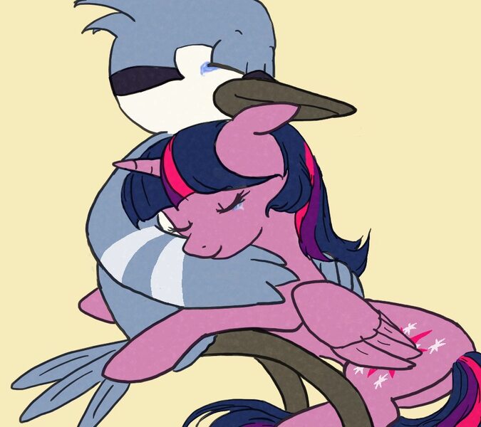 Size: 900x800 | Tagged: safe, derpibooru import, twilight sparkle, twilight sparkle (alicorn), alicorn, bird, blue jay, pony, crossover, crossover shipping, crying, female, hug, image, jpeg, male, mordecai, mordetwi, regular show, shipping, simple background, straight