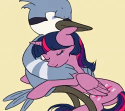 Size: 900x800 | Tagged: safe, derpibooru import, twilight sparkle, twilight sparkle (alicorn), alicorn, bird, blue jay, pony, crossover, crossover shipping, crying, female, hug, image, jpeg, male, mordecai, mordetwi, regular show, shipping, simple background, straight