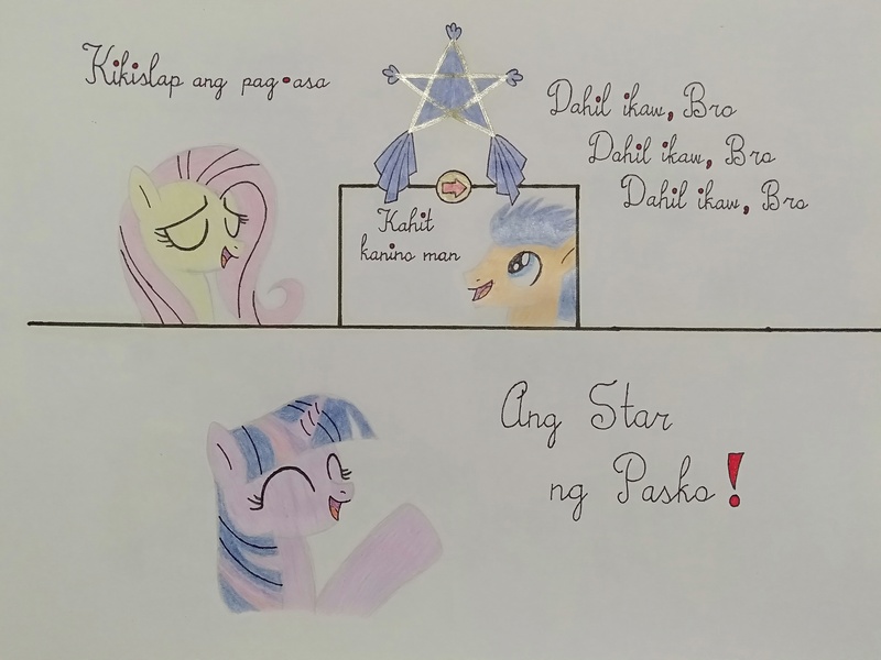 Size: 4160x3120 | Tagged: safe, artist:don2602, derpibooru import, flash sentry, fluttershy, twilight sparkle, twilight sparkle (alicorn), alicorn, pegasus, pony, comic:star of christmas, abs cbn all star, eyes closed, filipino, image, jpeg, lantern, looking up, raised hoof, singing, song reference, traditional art, translated in the description