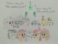 Size: 4160x3120 | Tagged: safe, artist:don2602, derpibooru import, apple bloom, babs seed, cozy glow, diamond tiara, pound cake, princess flurry heart, pumpkin cake, rumble, scootaloo, silver spoon, sweetie belle, alicorn, earth pony, pegasus, pony, unicorn, comic:star of christmas, bow, cake twins, cutie mark crusaders, eyes closed, filipino, glasses, hair bow, headband, image, jewelry, jpeg, lantern, looking up, necklace, siblings, singing, song reference, tiara, traditional art, translated in the description, twins