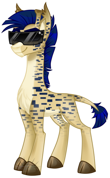 Size: 416x677 | Tagged: safe, artist:nekomellow, derpibooru import, oc, oc:procerus, unofficial characters only, giraffe, derpibooru community collaboration, 2023 community collab, blue mane, cloven hooves, image, mohawk, outline, png, ponyvania, simple background, solo, sunglasses, transparent background, visor, white outline