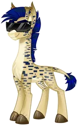 Size: 416x677 | Tagged: safe, artist:nekomellow, derpibooru import, oc, oc:procerus, unofficial characters only, giraffe, derpibooru community collaboration, 2023 community collab, blue mane, cloven hooves, image, mohawk, outline, png, ponyvania, simple background, solo, sunglasses, transparent background, visor, white outline