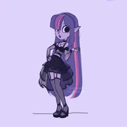 Size: 2500x2500 | Tagged: safe, artist:syrupyyy, derpibooru import, twilight sparkle, equestria girls, choker, clothes, detached sleeves, dress, elf ears, fishnets, gothic lolita, hair over one eye, image, jpeg, midriff, socks, stockings, thigh highs