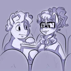 Size: 768x768 | Tagged: safe, artist:smirk, derpibooru import, oc, oc:mayfly, oc:thrush song, unofficial characters only, braces, chubby, clothes, date, duo, food, freckles, glasses, image, jpeg, monochrome, ponytail, popcorn, theater