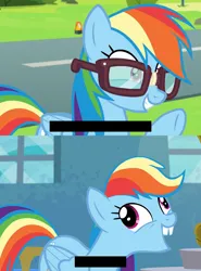 Size: 1600x2160 | Tagged: safe, edit, edited screencap, screencap, rainbow dash, pegasus, pony, newbie dash, em dash, en dash, faic, glasses, image, png, pun