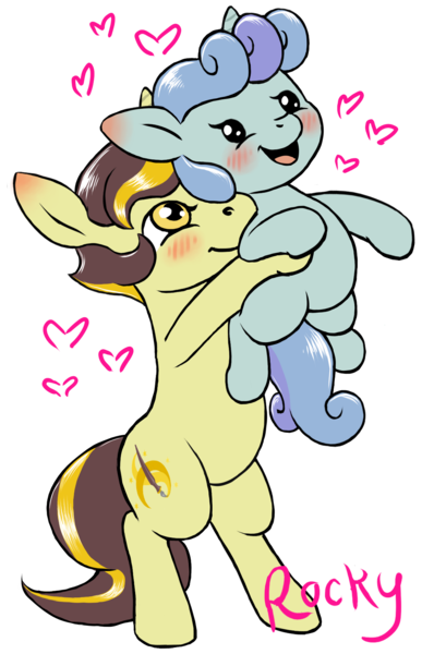 Size: 1145x1775 | Tagged: safe, artist:multiverseequine, derpibooru import, oc, oc:golden trim, oc:rocky (colt quest), unofficial characters only, pony, unicorn, age difference, beady eyes, bipedal, blushing, circle of life, colt, cute, derpibooru exclusive, duo, ear blush, foal, goldenky, heart, holding a pony, horn, image, male, ocbetes, open mouth, png, shipping, simple background, smiling, stallion, transparent background, two toned mane, unicorn oc