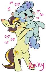 Size: 1145x1775 | Tagged: safe, artist:multiverseequine, derpibooru import, oc, oc:golden trim, oc:rocky (colt quest), unofficial characters only, pony, unicorn, age difference, beady eyes, bipedal, blushing, circle of life, colt, cute, derpibooru exclusive, duo, ear blush, foal, goldenky, heart, holding a pony, horn, image, male, ocbetes, open mouth, png, shipping, simple background, smiling, stallion, transparent background, two toned mane, unicorn oc