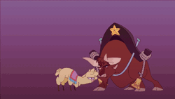 Size: 800x450 | Tagged: safe, derpibooru import, screencap, alpaca, bull, them's fightin' herds, angry, animated, animation error, bear hug, bell, cloven hooves, community related, confused, duo, female, gif, hape, horns, hug, image, male, pain, paprika (tfh), personal space invasion, rope, squeezing, texas (tfh), yoke