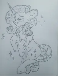 Size: 3137x4129 | Tagged: safe, artist:starkey, derpibooru import, glitter drops, rarity, unicorn, artist starkey, chest fluff, cute, ear fluff, eyes closed, full body, glitterbetes, image, jpeg, smiling, solo, traditional art