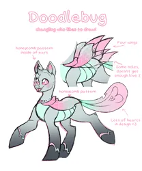 Size: 1000x1200 | Tagged: safe, artist:dozyarts, derpibooru import, oc, oc:doodlebug, changedling, changeling, image, png, reference sheet, simple background, solo, white background