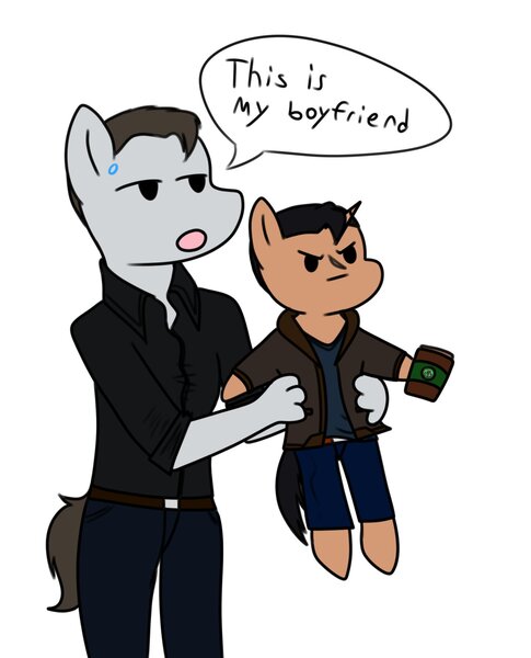 Size: 1419x1755 | Tagged: safe, artist:wolftendragon, derpibooru import, android, anthro, earth pony, pony, robot, robot pony, unicorn, detroit: become human, gavin reed, gay, image, jpeg, male, reed900, rk900, simple background, white background