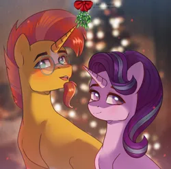 Size: 2036x2000 | Tagged: safe, artist:anku, artist:tanatos, derpibooru import, starlight glimmer, sunburst, christmas, cute, glasses, holiday, image, jpeg, shipping