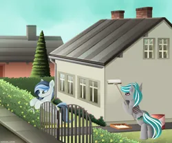 Size: 2400x2000 | Tagged: safe, artist:andaluce, derpibooru import, oc, oc:haze northfleet, oc:malachite cluster, unofficial characters only, bat pony, pegasus, couple, cute, hedge, high res, house, image, png, scenery, street