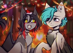 Size: 2637x1923 | Tagged: safe, artist:kutoshi, derpibooru import, oc, oc:aphelios oil, oc:vine jail, unofficial characters only, anthro, bat pony, pegasus, pony, anthro oc, christmas, collar, duo, ears, ears up, female, hair, holiday, image, male, mare, png