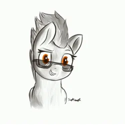 Size: 3598x3598 | Tagged: safe, artist:simplesample, derpibooru import, spitfire, pegasus, pony, bust, grayscale, image, jpeg, looking at you, monochrome, simple background, solo, sunglasses, sunglasses on head, white background