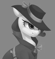 Size: 1003x1058 | Tagged: safe, artist:melodylibris, derpibooru import, rarity, pony, unicorn, black and white, clothes, detective rarity, female, gray background, grayscale, hat, image, mare, monochrome, png, simple background, solo, trenchcoat