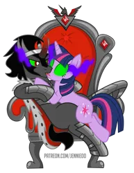 Size: 773x1000 | Tagged: safe, artist:jennieoo, derpibooru import, king sombra, twilight sparkle, pony, unicorn, crown, female, glow, glowing eyes, image, jewelry, kissing, male, mind control, on top, png, regalia, shipping, show accurate, simple background, sombra eyes, straight, throne, transparent background, twibra, vector