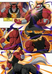 Size: 2880x4096 | Tagged: safe, artist:ponyanony, derpibooru import, discord, lord tirek, centaur, draconequus, taur, comic:muscular discourse, cave, comic, commission, duo, duo male, glow, growth, high res, image, jpeg, magic, magic aura, male, muscle expansion, muscles, muscular male, vein bulge
