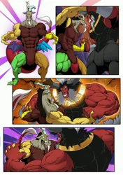 Size: 2880x4096 | Tagged: safe, artist:ponyanony, derpibooru import, discord, lord tirek, centaur, draconequus, taur, comic:muscular discourse, cave, comic, commission, deltscord, duo, duo male, fight, glow, growth, high res, image, jpeg, magic, magic aura, male, muscle expansion, muscles, overdeveloped muscles