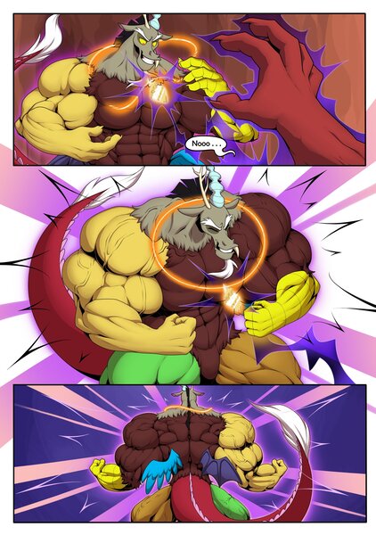 Size: 2880x4096 | Tagged: safe, artist:ponyanony, derpibooru import, discord, lord tirek, centaur, draconequus, taur, comic:muscular discourse, cave, comic, commission, deltscord, duo, duo male, glow, growth, high res, image, jewelry, jpeg, magic, magic aura, male, muscle expansion, muscles, necklace, overdeveloped muscles