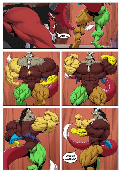 Size: 2880x4096 | Tagged: safe, artist:ponyanony, derpibooru import, discord, lord tirek, centaur, draconequus, taur, comic:muscular discourse, cave, comic, commission, deltscord, duo, duo male, high res, image, jewelry, jpeg, male, muscles, muscular male, necklace, overdeveloped muscles, pose, taunting