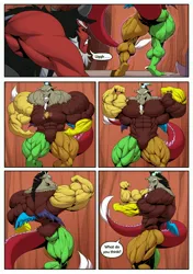 Size: 2880x4096 | Tagged: safe, artist:ponyanony, derpibooru import, discord, lord tirek, centaur, draconequus, taur, comic:muscular discourse, cave, comic, commission, deltscord, duo, duo male, high res, image, jewelry, jpeg, male, muscles, muscular male, necklace, overdeveloped muscles, pose, taunting