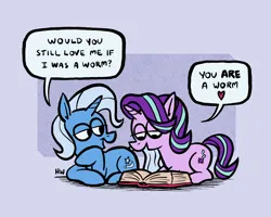 Size: 2048x1638 | Tagged: safe, artist:horsewizardart, derpibooru import, starlight glimmer, trixie, pony, unicorn, book, dialogue, duo, duo female, female, heart, image, lesbian, lidded eyes, lying down, png, prone, reading, shipping, smiling, speech bubble, startrix