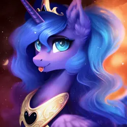 Size: 3072x3072 | Tagged: safe, derpibooru import, editor:nightluna, machine learning assisted, machine learning generated, purplesmart.ai, stable diffusion, princess luna, alicorn, pony, :p, abstract background, cute, diadem, ear fluff, eyebrows, eyelashes, female, heart, image, jpeg, mare, neck fluff, smiling, solo, tongue out