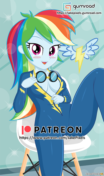 Size: 441x750 | Tagged: questionable, artist:jakepixels, derpibooru import, rainbow dash, human, equestria girls, blushing, breast grab, breasts, clothes, grope, gumroad, gumroad logo, image, looking at you, patreon, patreon logo, png, sitting, undressing, uniform, wonderbolts uniform