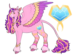 Size: 1280x960 | Tagged: safe, artist:s0ftserve, derpibooru import, princess cadance, pony, alternate cutie mark, cloven hooves, colored hooves, colored wings, curved horn, extended cutie mark, headcanon in the description, horn, image, jewelry, leonine tail, multicolored wings, png, redesign, regalia, simple background, solo, transparent background, unshorn fetlocks, wings