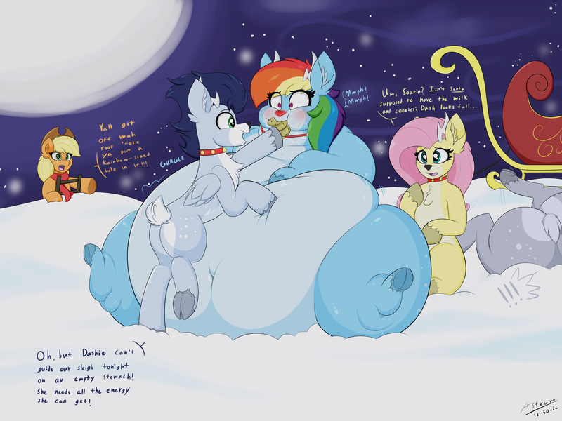 Size: 4000x3000 | Tagged: questionable, artist:astrum, derpibooru import, applejack, derpy hooves, fluttershy, rainbow dash, soarin', deer, earth pony, pony, reindeer, angry, antlers, applejack's hat, bell, bell collar, belly, belly button, big belly, bingo wings, bubble butt, butt, chest fluff, chubby cheeks, clothes, collar, cookie, cowboy hat, dialogue, digital art, eating, fat, fat legs, feedee, feeder, feeding, female, flabby chest, flailing, food, frog (hoof), hat, high res, hoof on belly, hooves in air, huge belly, image, jingle bells, kicking, ladder, large butt, leaning, male, messy eating, moon, morbidly obese, night, night sky, obese, onomatopoeia, open mouth, open smile, png, pointing, rainblob dash, rear view, red nose, reindeer dash, scarf, shipping, sitting, sky, sleigh, smiling, snow, soarindash, species swap, squishy, stetson, stomach noise, straight, stuck, stuffed belly, stuffing, thighs, thunder thighs, tubby wubby pony waifu, underhoof, wide eyes, wings