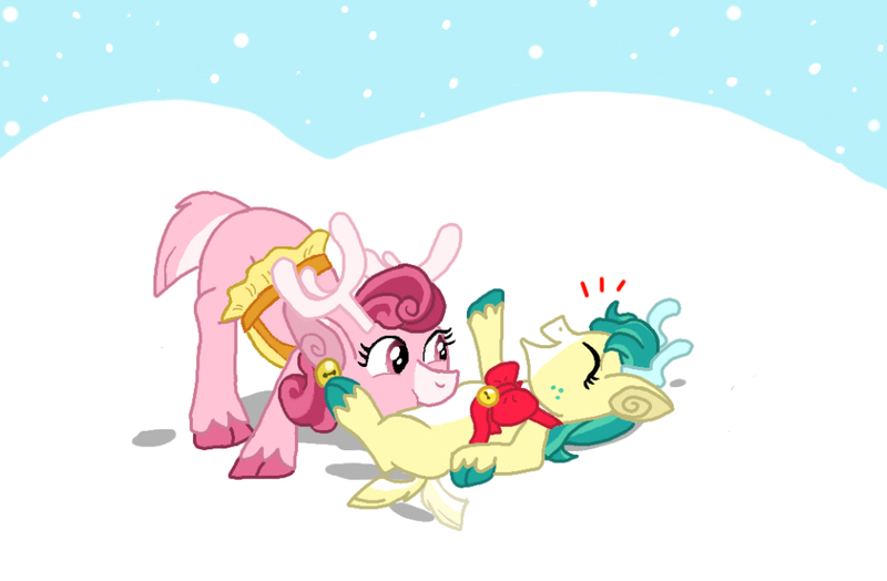 Size: 1011x662 | Tagged: safe, alternate version, artist:princessdestiny200i, derpibooru import, alice the reindeer, bori the reindeer, deer, reindeer, christmas, cute, duo, female, holiday, image, jpeg, laughing, lying down, on back, raspberry, snow, tickle torture, tickling, tongue out, tummy buzz, unshorn fetlocks