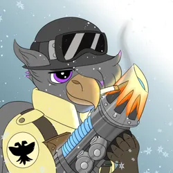 Size: 1000x1000 | Tagged: safe, artist:gray star, derpibooru import, oc, oc:valiant effort, anthro, gryphon, cigarette, grin, image, male, plasma gun, png, smiling, snow, snowfall, warhammer (game), warhammer 40k