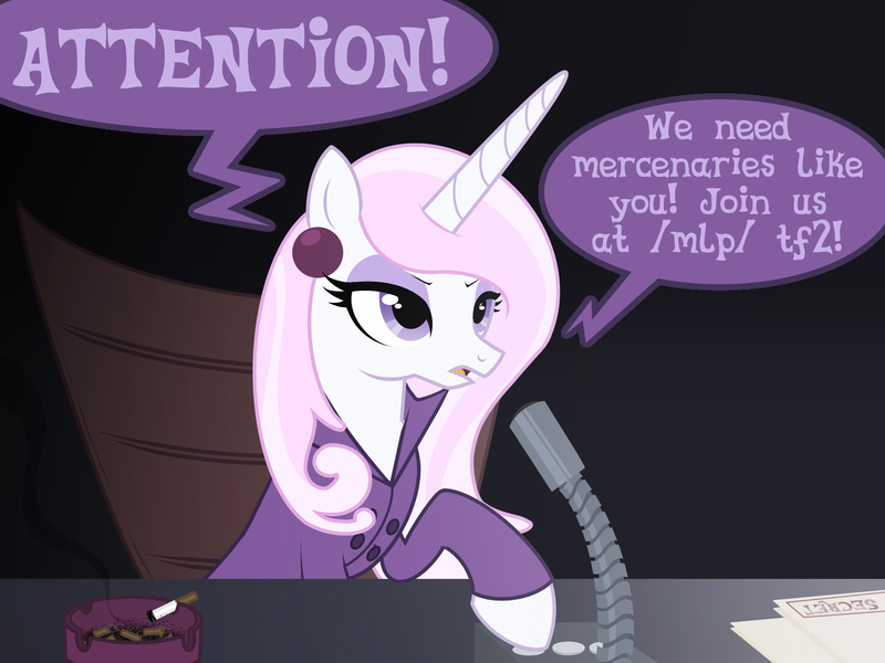 Size: 2732x2048 | Tagged: safe, artist:mistress midnight, derpibooru import, fleur-de-lis, /mlp/ tf2 general, administrator, ashtray, cigarette, clothes, dialogue box, image, microphone, png, suit