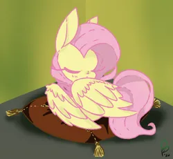 Size: 710x653 | Tagged: safe, artist:pagophasia, derpibooru import, fluttershy, pegasus, pony, cushion, cute, derpibooru exclusive, eyes closed, female, image, impossibly long eyelashes, lying down, pillow, png, shyabetes, simple background, sleeping, solo, tassels, wings