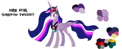 Size: 1466x590 | Tagged: safe, artist:westrail642fan, derpibooru import, princess twilight 2.0, twilight sparkle, twilight sparkle (alicorn), alicorn, rise and fall, the last problem, alicorn amulet, alternate universe, base used, bell, chest plate, corrupted twilight sparkle, crown, evil grin, flowing mane, glow, glowing eyes, glowing hair, grin, grogar's bell, image, jewelry, older, older twilight, png, reference sheet, regalia, simple background, smiling, text, white background