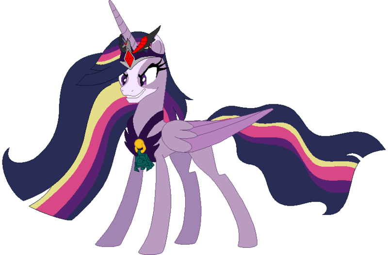 Size: 861x566 | Tagged: safe, artist:westrail642fan, derpibooru import, princess twilight 2.0, twilight sparkle, twilight sparkle (alicorn), alicorn, rise and fall, the last problem, alicorn amulet, alternate universe, base used, bell, chest plate, corrupted twilight sparkle, crown, evil grin, flowing mane, grin, grogar's bell, image, jewelry, older, older twilight, png, regalia, simple background, smiling, text