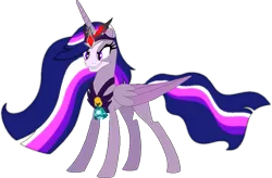 Size: 861x566 | Tagged: safe, artist:westrail642fan, derpibooru import, princess twilight 2.0, twilight sparkle, twilight sparkle (alicorn), alicorn, rise and fall, the last problem, alicorn amulet, alternate universe, base used, bell, chest plate, corrupted twilight sparkle, crown, evil grin, flowing mane, glow, glowing eyes, glowing hair, grin, grogar's bell, image, jewelry, older, older twilight, png, regalia, simple background, smiling, text, transparent background