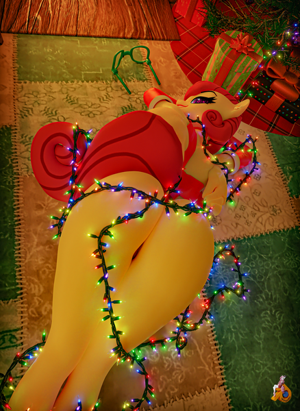Size: 2804x3840 | Tagged: questionable, artist:velvetcharm, derpibooru import, posey shy, art pack:milfmas, 3d, ass, blender, blender cycles, butt, christmas, christmas lights, christmas outfit, christmas tree, female, fireplace, g4, glasses, glasses off, holiday, image, looking at you, looking back, looking back at you, milf, png, present, rug, seductive, seductive look, seductive pose, solo, solo female, teasing, tree, wrapped up