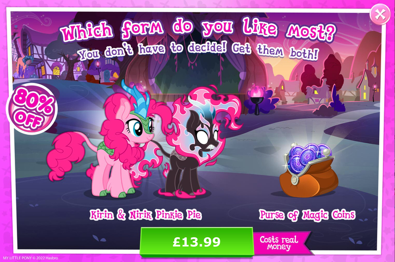 Size: 1965x1301 | Tagged: safe, derpibooru import, official, pinkie pie, kirin, nirik, advertisement, cloven hooves, costs real money, duality, english, fangs, female, fire, gameloft, horn, image, jpeg, kirin pinkie, kirinified, magic coins, mane of fire, mobile game, my little pony: magic princess, numbers, sale, solo, solo focus, species swap, text