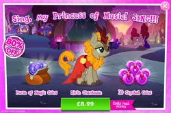 Size: 1958x1300 | Tagged: safe, derpibooru import, official, fall flower, kirin, advertisement, background character, background kirin, beauty mark, clothes, cloven hooves, costs real money, dress, english, female, flower, gameloft, horn, image, jpeg, magic coins, mobile game, my little pony: magic princess, numbers, phantom of the opera, sale, solo, solo focus, text