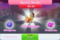 Size: 1267x857 | Tagged: safe, derpibooru import, official, fall flower, kirin, background character, background kirin, beauty mark, bundle, clothes, cloven hooves, costs real money, dress, english, female, flower, gameloft, horn, image, jpeg, magic coins, mobile game, my little pony: magic princess, numbers, phantom of the opera, sale, solo, solo focus, text